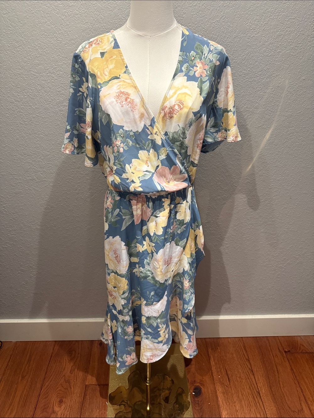 Socialite Blue Floral Wrap Dress with Yellow & Pink Blooms